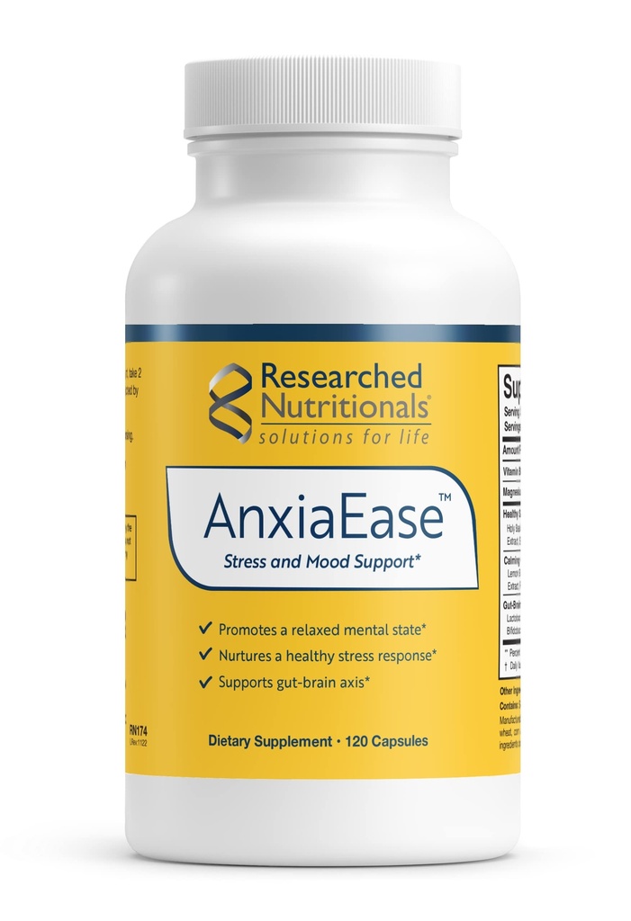 Nutricionales investigados AnxiaEase - Estrés, Manejo de Cortisol &amp; Mood Support Suplemento - Botánicos, Vitamina B6, Magnesio " Pisicobiótico " Estrechos Probióticos (120 cápsulas)