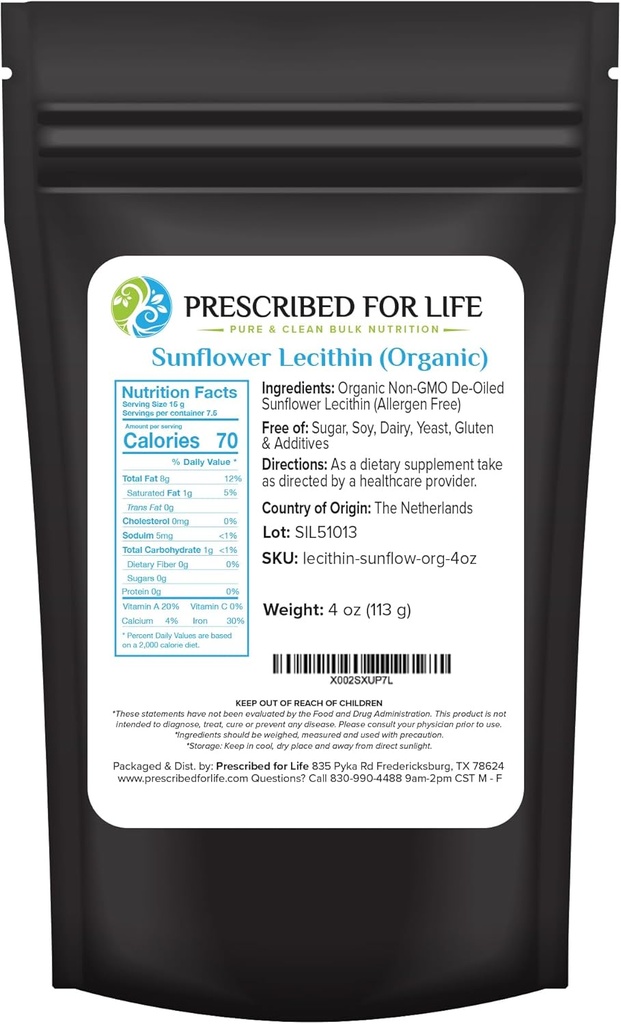 Prescrito para la vida Orgánica de la Lecithin Powder, Natural, Gluten Free, Vegan, Non GMO, Soy Free, Kosher, Lecithin Suplemento Rico en Choline &amp; Essential Fatty Acids (4oz / 113g)