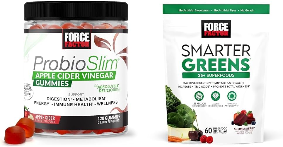 Factor de fuerza ProbioSlim Manzana Vinagre Gummies con Ecológico, LactoSpore & Smarter Greens Superfood Chews, Verdes y Superalimentos con Probióticos, Antioxidantes