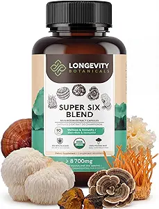 Organic Super Six Mushroom Blend Capsules Suplemento (90) ← Fruiting Body Extract Complex Silencio Lions Mane, Turquía Tail, Cordyceps, Reishi, Chaga & Tremella ← 35% Beta-D Glucans  durable Wellness general Support