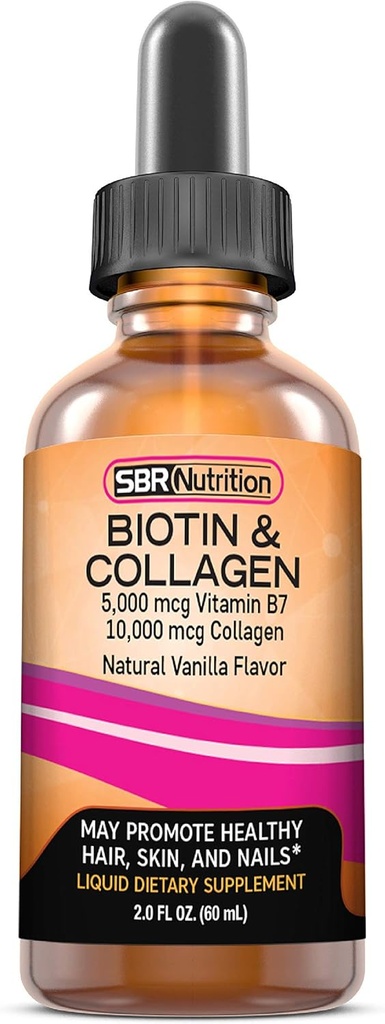 SBR Nutrición Biotina y colágeno Suplemento dietético líquido, vitaminas para el crecimiento del cabello y el desgarro, salud de la piel y fuerza de la uñas, 2 oz (60mL)