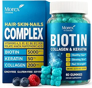 Biotina Collagen Keratin Gummies - Multivitamina Natural para el Pelo, Piel &amp; uñas con vitamina A, D, B7 - Anti Aging Collagen Gummy Vitaminas para Hombres &amp; Mujeres, Hair & Nail Growth Suplemento - 60 Gummy Bears