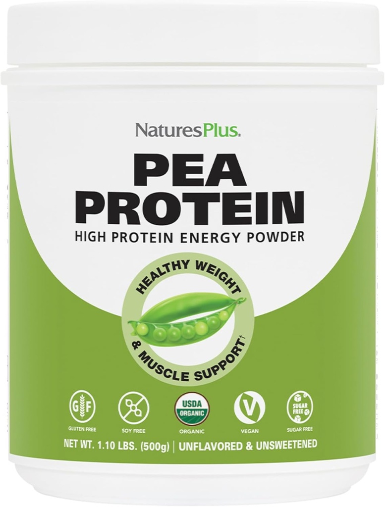 Natures Plus Organic Pea Protein - 1.1 lbs, Vegan Drink Powder - High Energy Protein Powder, Hunger Suppressant, Muscle Builder, Promotes Heart Health - Non-GMO, Vegetarian, Gluten-Free - 25 Servings