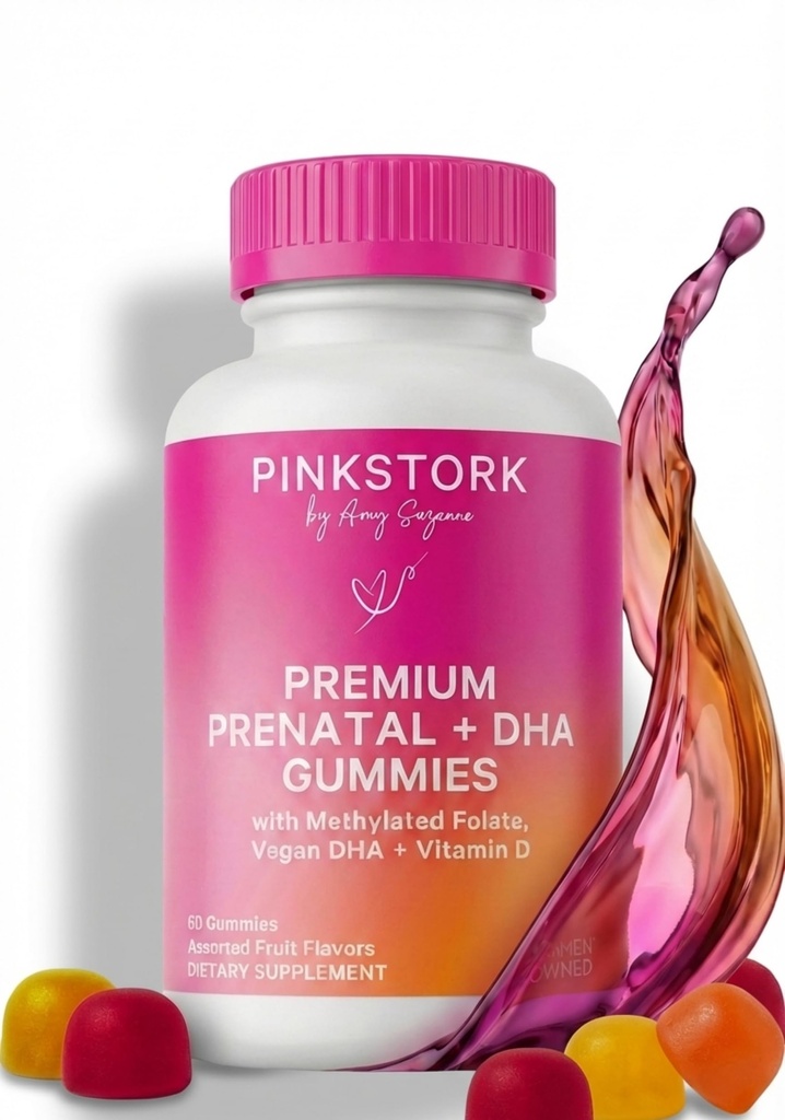 Pink Stork Premium Prenatal Gummy Vitamins with DHA, Folate, and Vitamin D - Multivitamin for Neural Tube and Fetal Brain Development - 60 Vegan Gummies for Morning Sickness Support