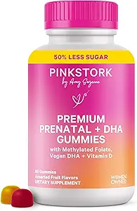 Pink Stork Premium Vitaminas Prenatales con DHA, Folate y Vitamina D - Multivitamina y Nutriente Blend para el Tubo Neural y el Desarrollo del Cerebro Fetal - El embarazo debe tener - 60 Gummies Vegan