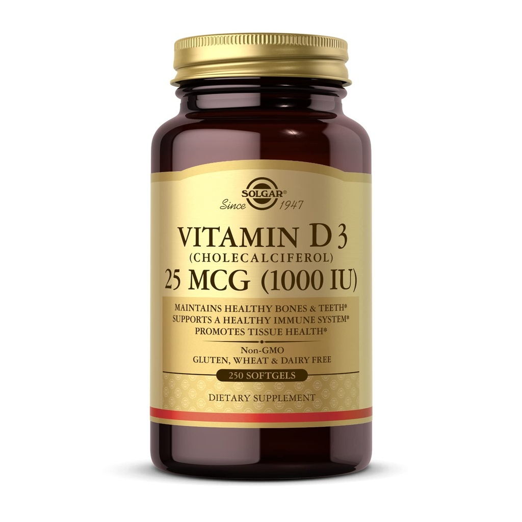 Solgar Vitamina D3 (Cholecalciferol) 25 MCG (1000 UI), 250 Softgels - Ayuda a mantener los huesos saludables " dientes - Apoyo al sistema inmunológico - No GMO, sin gluten, sin lácteos - 250 Actuaciones