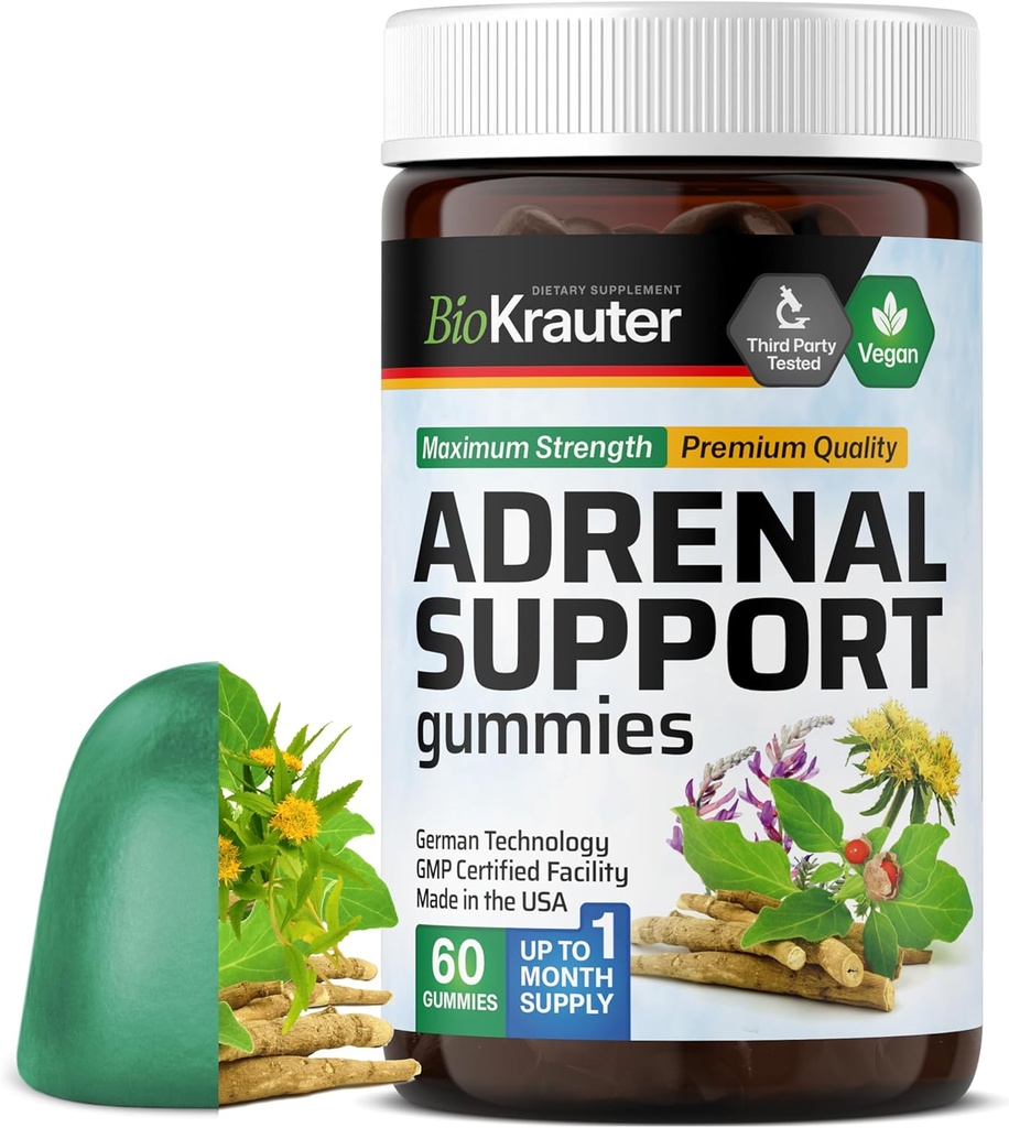 BIO KRAUTER Adrenal Support Gummies - 60 Chews - Rhodiola & Ashwagandha Gummies with Vitamins C, B6, B12 - Vegan Mood Support Suplemento