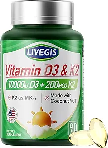 Vitamin D3 K2 Softgels, D3 10000 IU with K2 (MK-7) 200 mcg with Coconut Oil Softgels, Easy to Swallow 2 in 1 Vitamins D & K, Supports Calcium Absorption, Immune and Heart Health - 90 Counts