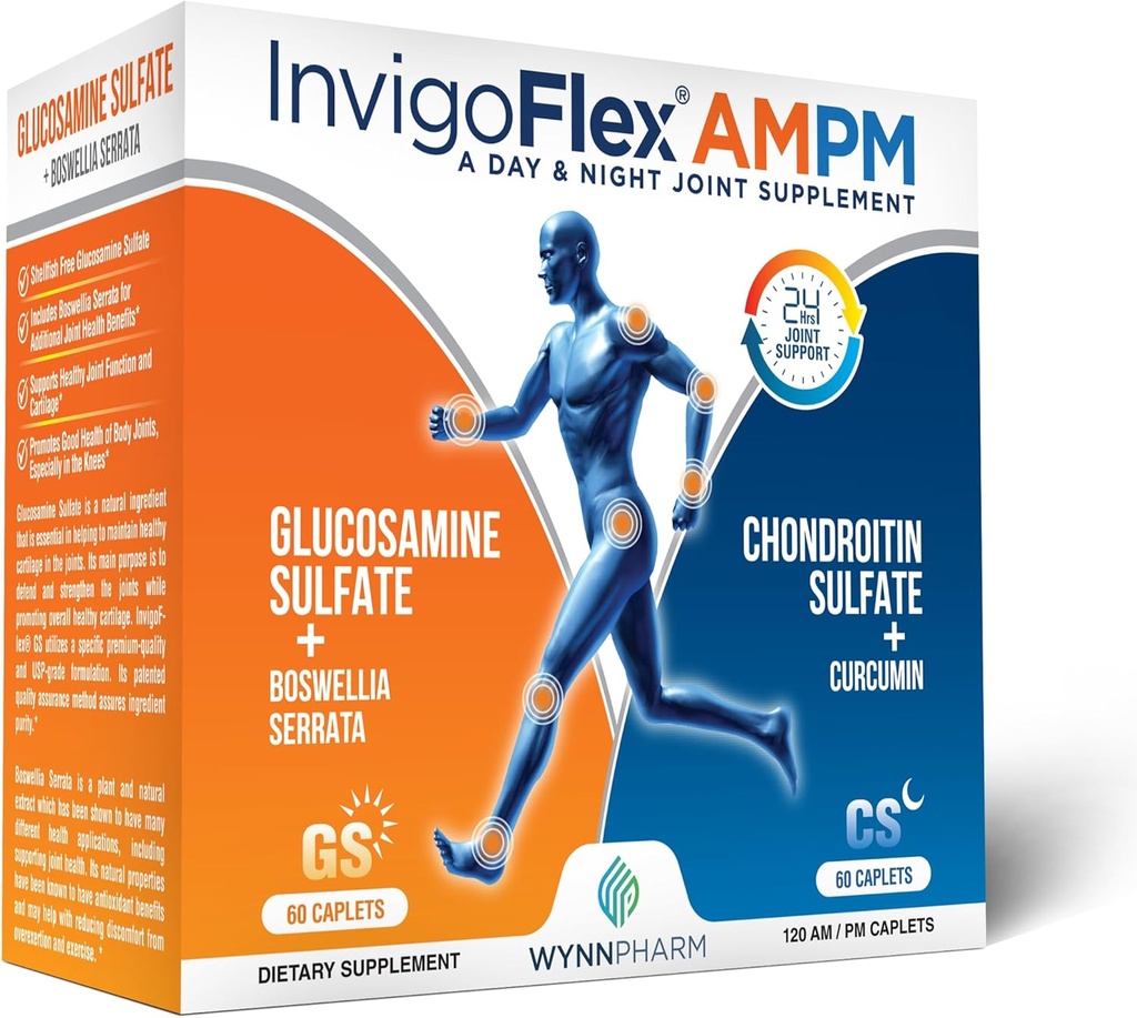 INVIGOFLEX® AMPM - Sulfato de Glucosamina " Condroitina - Curcumina Turmérica - Boswellia Serrata (No GMO) para rodillas, manos, espalda y cadera 24 - Suplemento Conjunto Premium de horas