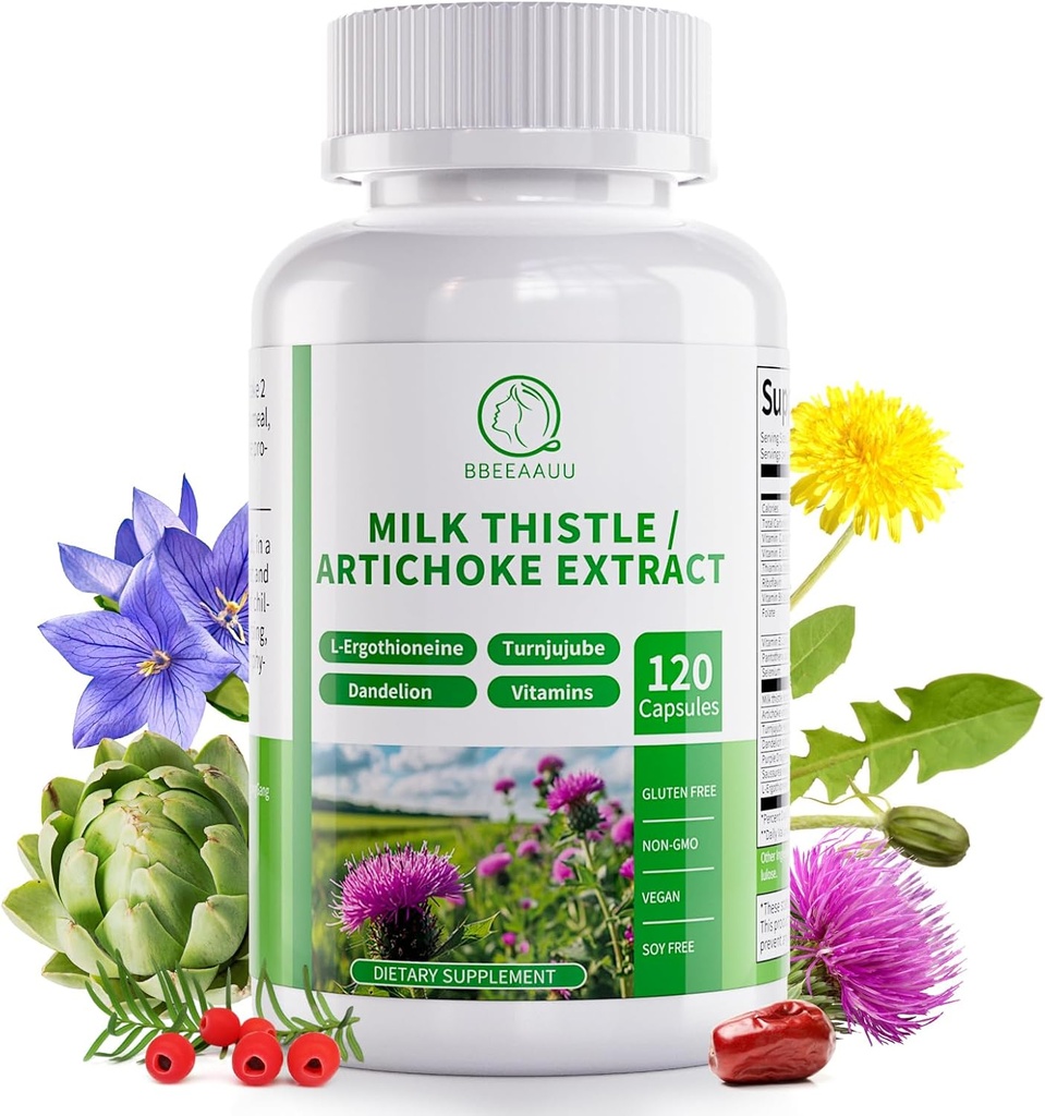 Milk Thistle Suplemento, Liver Cleanse Detox & Reparar Fórmula, 16-en-1 Herbal Liver Support Pill con Artichoke, L-Ergothioneine, Turnjujube Dandelion Extract for Liver &amp; Antioxidant 120 Capsules
