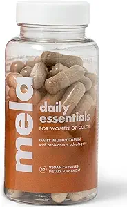 Mela Daily Essentials Multivitamin for Melanated Women - High-Dose Vitamin D3 and B12, Probiotics, Lion's Mane, Ceylon Cinnamon - Vegan, Gluten Free, Non-GMO, 30 Day Supply (60 cápsulas)