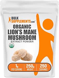 BulkSupplements.com Extract Powder de Mushroom Mane de León Orgánica - Leones Mane Suplemento Polvo, Superfood for Well-Being - Vegan, 1g por Serving, 250g (8.8 oz) (Pack of 1)