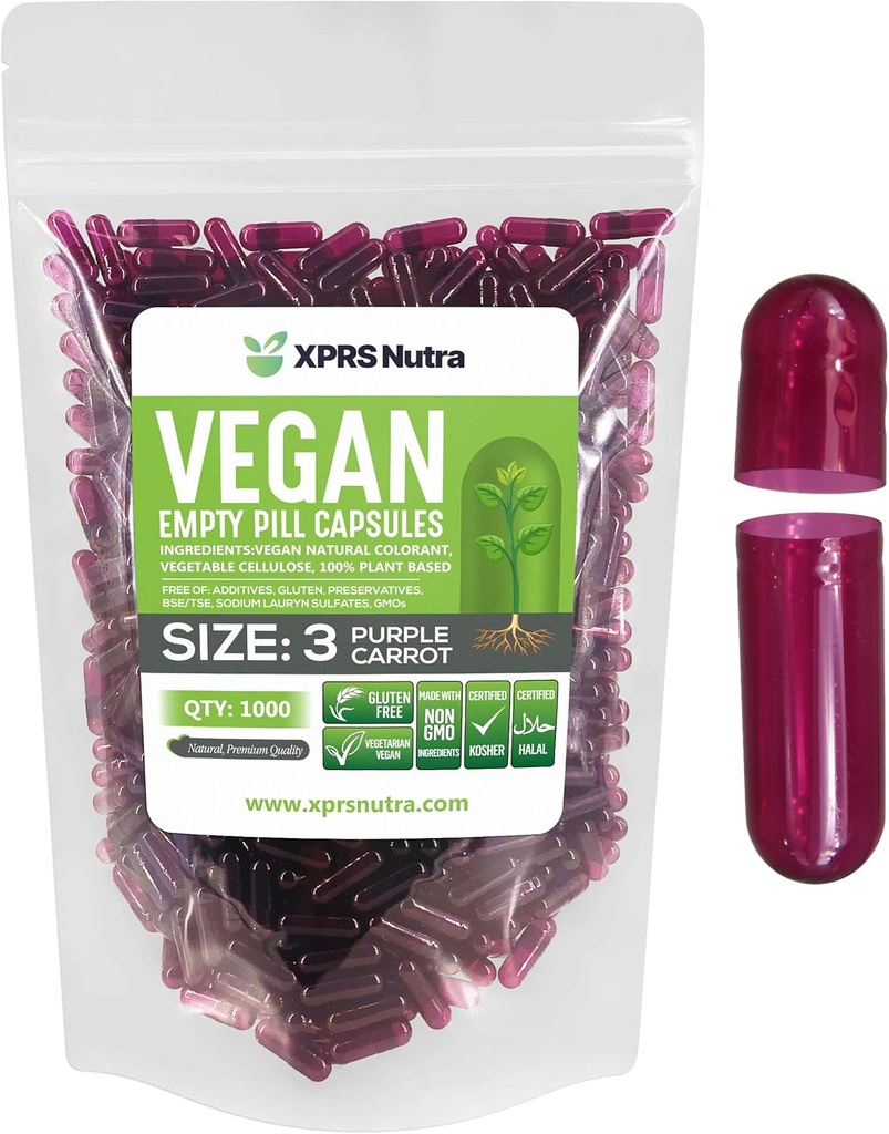XPRS Nutra Size 3 Empty Capsules - 1000 Conde Vacío Vegan - Vegetariano Pills - DIY Vegetable Capsule Filling - Veggie Pill Caps (Purple Carrot)