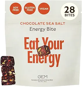 GEM Energy Caffeinated Bite, 40mg Caffeine, Ginseng Root, L-Theanine, Holistic Sustained Energy, Supports Metabolism, Stamina & Endurance | Chocolate Cacao Sea Salt | 28 Servings