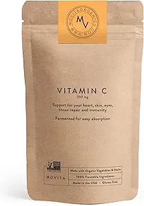 Movita Fermented Vitamina C 250mg – Booster Inmunity, Protección Antioxidante, Síntesis de Colagen de Ayudas " Absorción de Hierro: Orgánica, Vegana, Libre de Gluten, Protección de 30 días (Eco-Friendly Pouch)