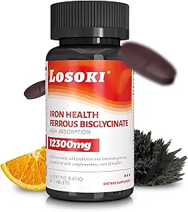 Losoki Iron Bisglycinate 20 mg con vitamina C, B12 American Ginseng " Probiotics, Gentle on The Stomach, Supports Energy " Iron Deficiency - Non GMO, 60 Tablets