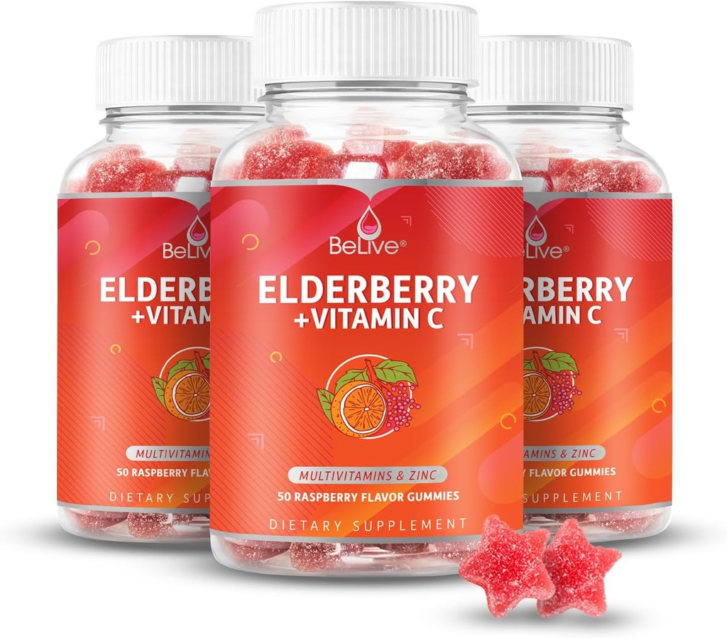 BeLive Elderberry Gummies with Zinc and Vitamin C - Immune Support Supplement with Vitamin D, A, E, B12 - Gummies for Healthy Bones & Teeth, Vegan, Keto & Non-GMO - Raspberry Flavor  durable 3-Pack