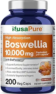 NusaPure Boswellia Serrata 10,000 mg Por Veggie Caps 200 Conde (Ext. 20:1, No GMO, Vegan, Bioperina) Herb ayurvédica: Olibanum indio, Frankincense