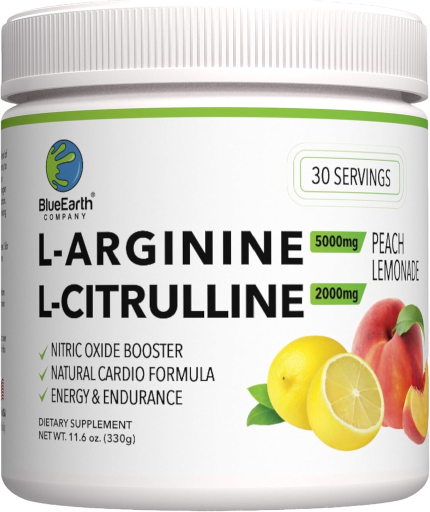 L-Arginina 5000mg + L-Citrulline 2000mg Complex Powder Supplement - Nitric Oxide Booster - Heart Health, Blood Flow, Energy ' Endurance - 30 Servings (Peach Lemonade)