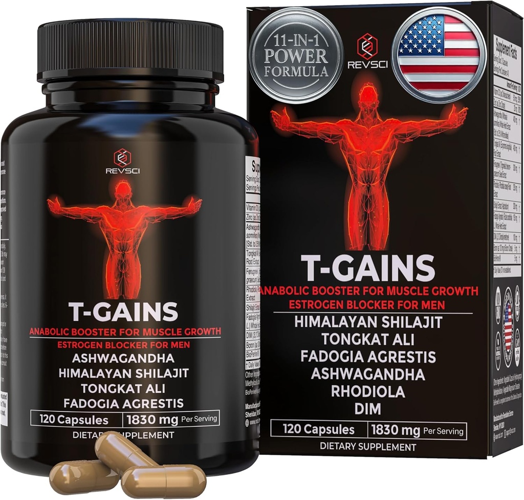 Anabólico Booster &amp; Muscle Builder, T-GAINS Testosterone Suplemento para Hombres, TRT Test Booster " Estrógeno Blocker, HGH Suplementos para Hombres - Tongkat Ali Fadogia Agrestis for Muscle Growth, 120 Caps