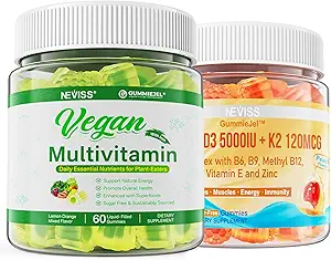 NEVISS Vitamina D3 5000IU + K2 (MK-7) 120mcg con Multivitamina Vegan para Mujeres Hombres con Hierro, Vitamina B12, A, D3, K2, Algae Omega 3, Magnesio, Zinc