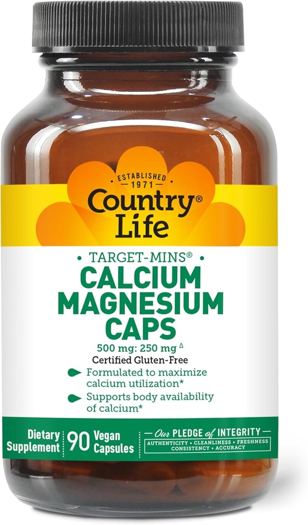 Country Life Target-Mins Complejo de magnesio de calcio - 1000 mg de calcio, 500 mg de magnesio, Suplemento libre de gluten para la salud ósea