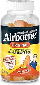 Airborne Vitamin C 750mg (por servicio) Zesty Orange Flavored Gummies (63 Cuenta en una botella), Gluten-Free Immune Support Suplemento con Vitaminas A C E, Selenium, Echinacea &amp; Ginger