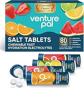 Venture Pal Chewable Electrolyte Tablets, 80 Cuenta Fast-Dissolve Sugar-Free Stick Salt Tablets - Variety Pack for Rapid Hydration, Outdoor Running, Hiking, Sports ← Keto & Vegan Friendly ← 4 Pack