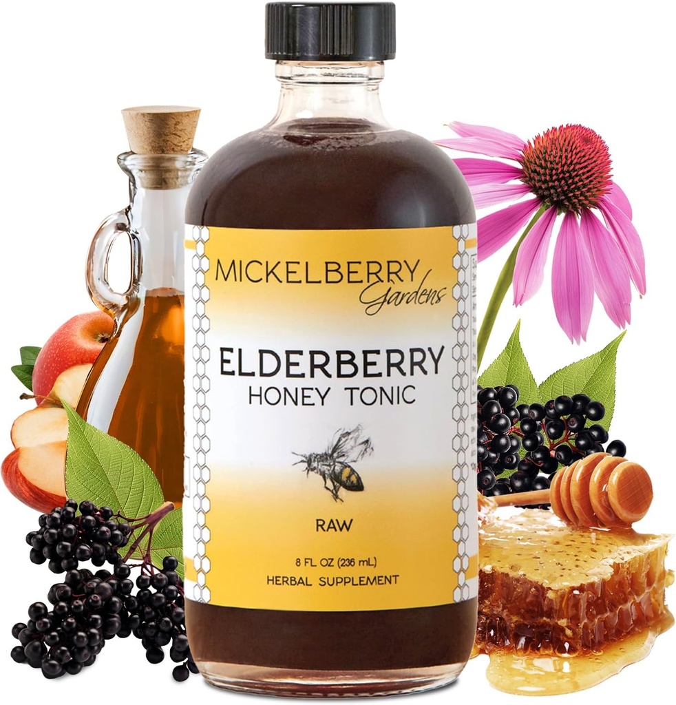 Mickelberry Gardens Elderberry Honey Tonic, Sambucus Syrup, Black Elderberry - Soporte para adultos y niños (8 onzas)