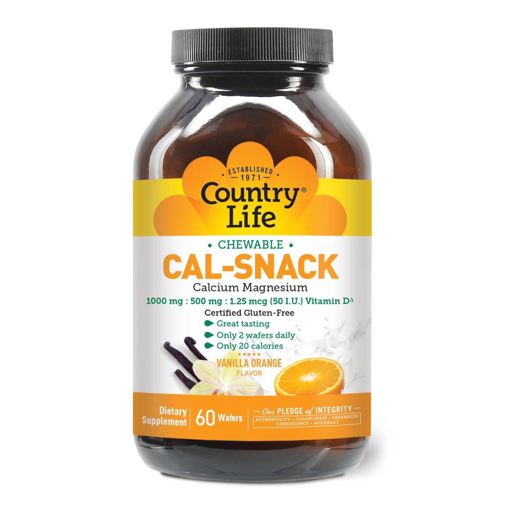País Vida Cal-Snack, Calcio Chewable, Magnesio con Vitamina D, 1000mg/500mg/50 UI, Sin lácteos, Sabor Naranja Vainilla, 60 Wafers, Gluten certificado gratis, Vegan certificado