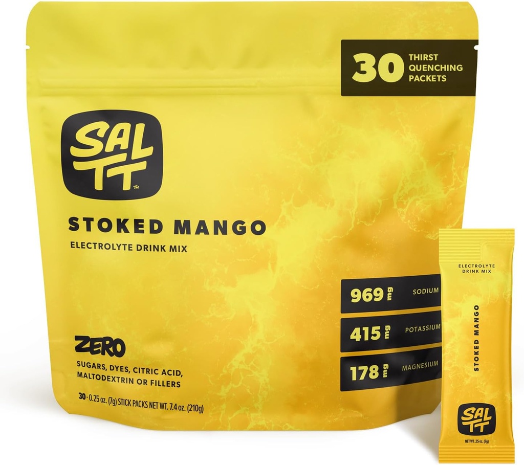 SALTT Electrolytes Powder Flavored Drink Mix - Stoked Mango - 30 Hydration Packets - Magnesium, Potassium, Sodium, Trace Minerals - Zero Sugar & Gluten Gratis - Travel Essentials
