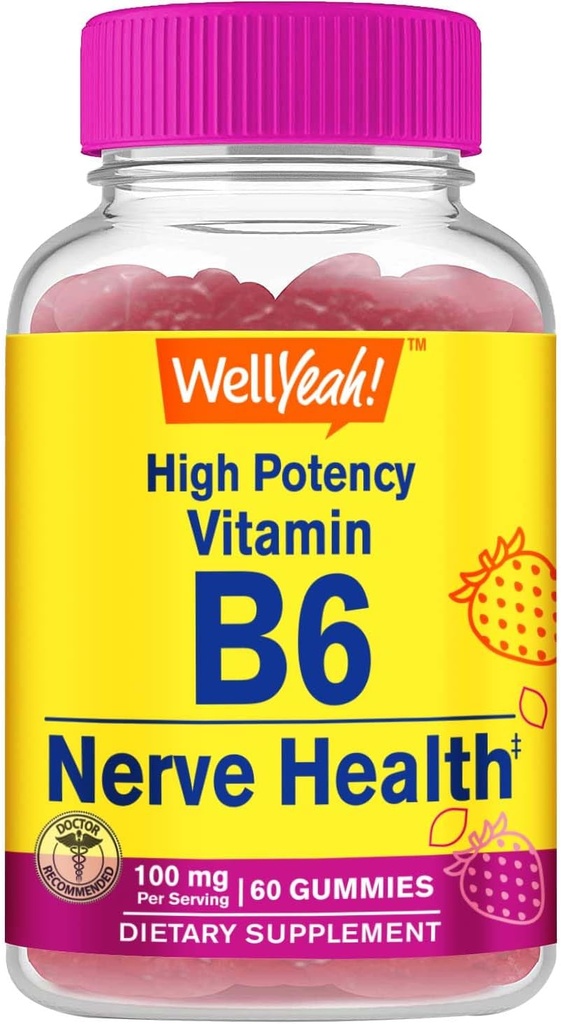 WellYeah High Potency Vitamin B6 Gummies - Promotes Nerve Health, Cognitive Function, Mood Regulation, Immune Support, and Cardiovascular Health - Vegan, Non-GMO, Gluten-Free - 60 Count