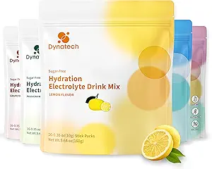 Dynatech Zero Sugar Electrolyte Drink Mix - Lemon - Hydration Powder Packets with 10 Electrolytes & Vitamins ← Non-GMO, Gluten Free, Vegan Electrolytes Powder Packets