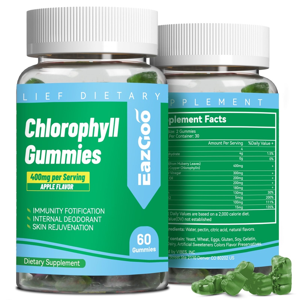 Gummies de clorofila gratis de azúcar, vitamina B12 Zinc - Desodorante natural*, soporta la piel sana " Detox corporal*, Immune " Apoyo a la digestión, Chewable Chlorophyll Suplemento para las mujeres - 60 Cuenta