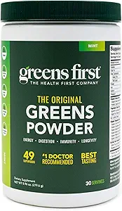 Greens First Original Greens Powder - 49 Superfoods - Organic Fruits & Veggies - Prebiotics, Probiotics & Digestive Enzymes - Antioxidant Smoothie - Dairy Free, Vegan & Non-GMO (Mint, 30 Servings)