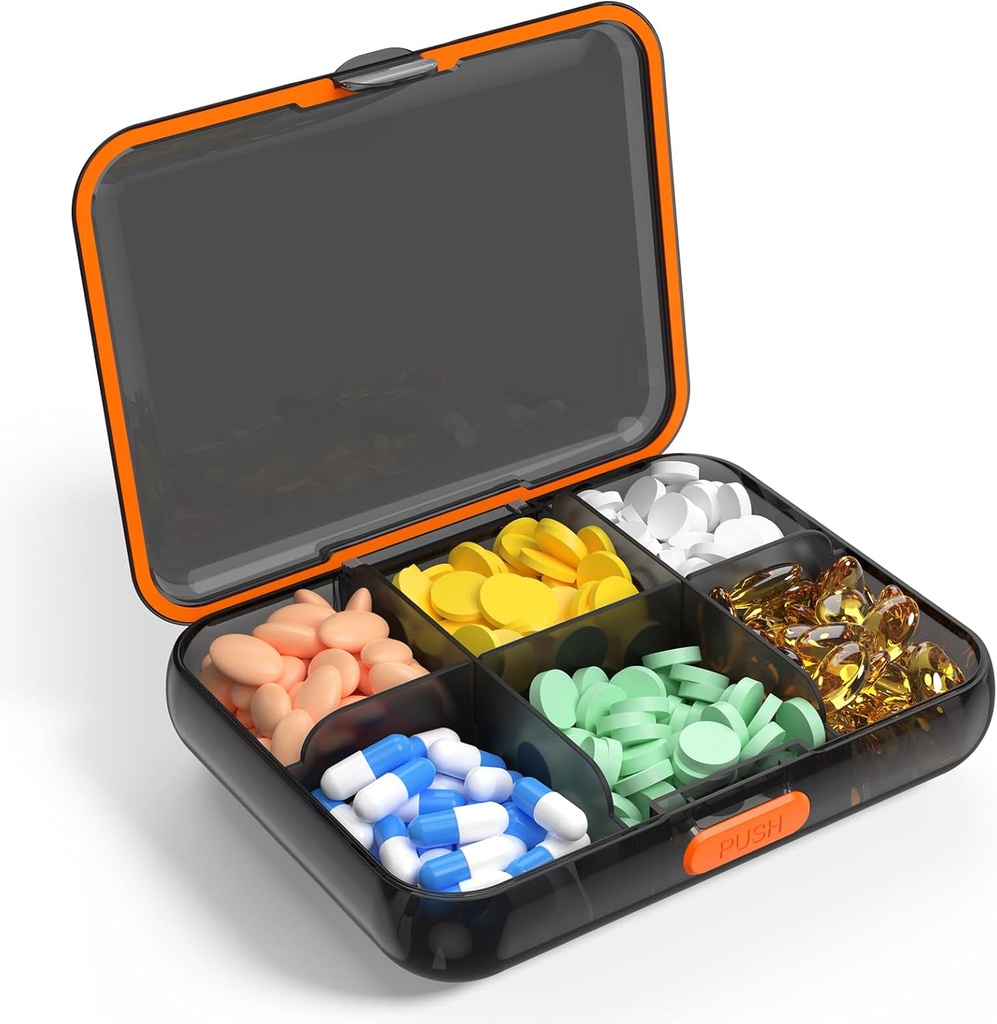 Gran organizador de píldoras de viaje Portable dispensador caja resistente a la humedad para vitaminas Medicamentos Suplementos de aceite de pescado 6 Caja de píldoras de compartimiento Divididos extraíbles (Negro)
