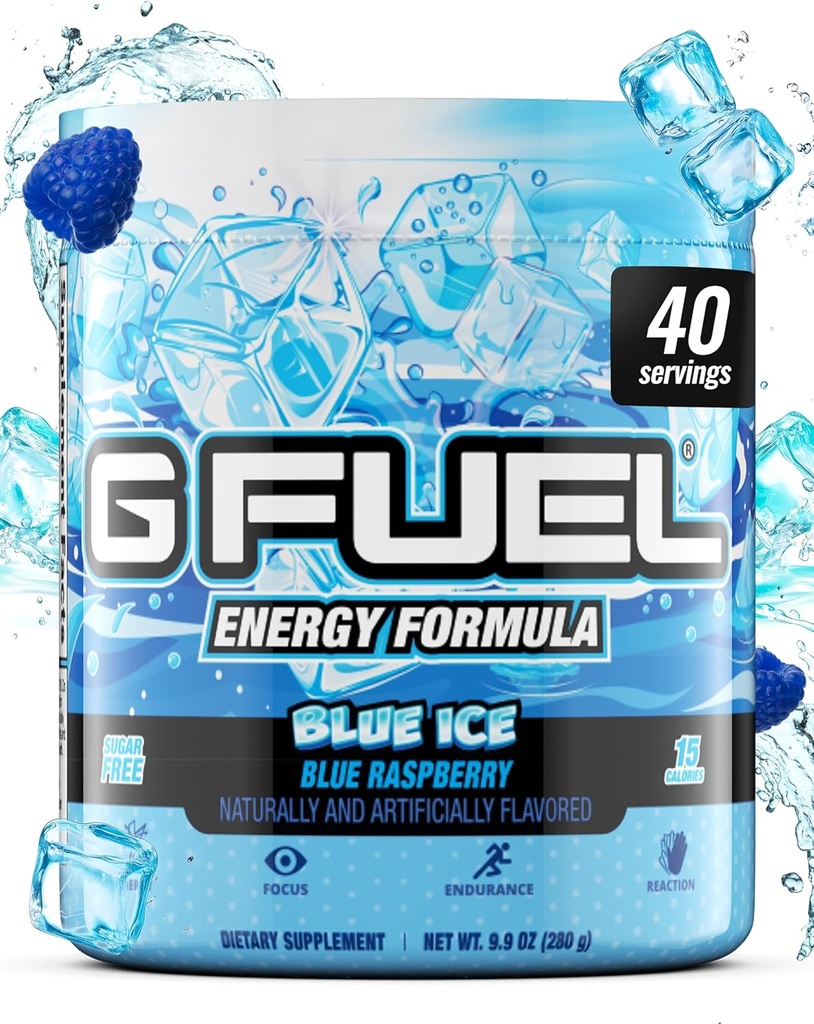 G Fuel Blue Ice Energy Drink Powder, Pre Workout Caffeine Mix for Gaming, Sugar Free Focus Amino, Vitamin + Antioxidants, 9.9oz (Blue Raspberry, 40 Servings)