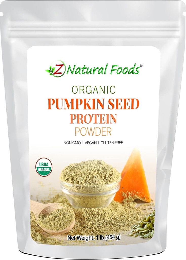 Z Natural Foods Organic Pumpkin Seed Protein Powder - Nutrient-Dense Fiber Supplement, Vegan Pumpkin Protein Powder for Hair Skin Nails Muscle Health - Ideal para Smoothies Shake Baking Recipes, 1 lb