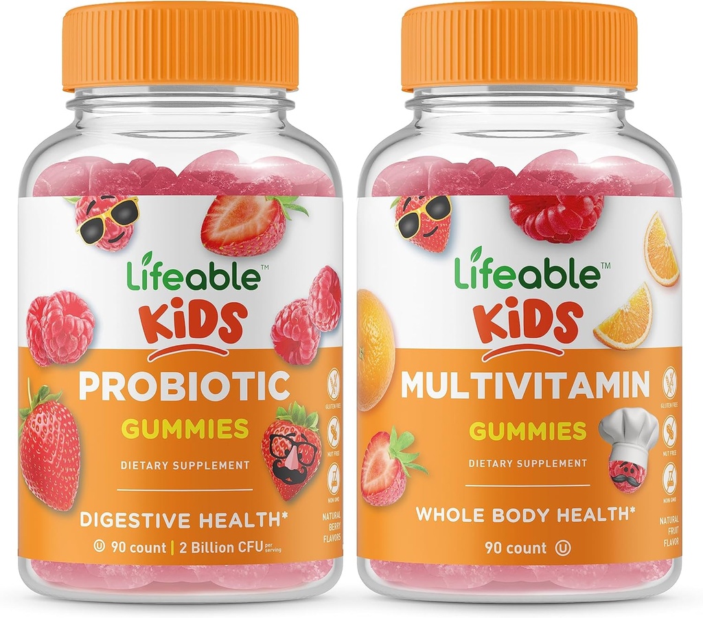 Probiótico Lifeable 2 billón de niños CFU + Multivitamínicos, Gummies Bundle - Gran Tasting, Suplemento de vitamina, Gluten Gratis, GMO Gratis, Chewable Gummy