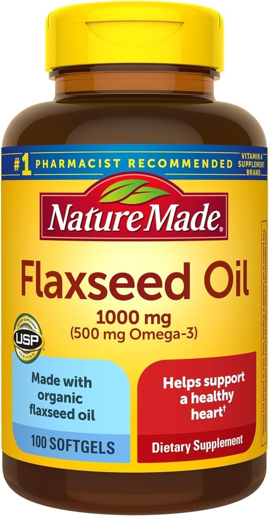 Nature Made Flaxseed Oil 1000 mg, Fish Free Omega 3 Suplemento, Suplemento dietético para el apoyo a la salud cardíaca, 100 Softgels, 100 Day Supply