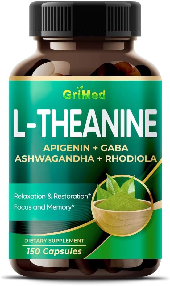 GriMed L-Theanine 11,900mg- X10 Power with Apigenin, GABA Ashwagandha, Rhodiola - Relax " Restoration Focus and Memory - Made in USA (150 Count (Pack of 1))