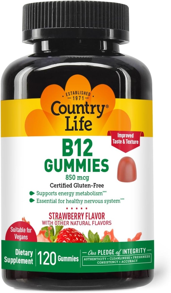 Country Life Vitamin B12 Gummies – 850 mcg Cyanocobalamin, 120 Conde – Vegan, Gluten-Free Gummy Suplemento para el metabolismo energético " Nervous System Support – Natural Strawberry Flavor, 2g Sugar