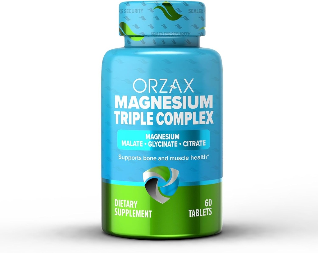 Complejo Triple de Magnesio ORZAX   Magnesium Glycinate, Citrate, Malate TEN Vegan, Gluten Free, Dairy Free, Halal TEN 200 mg de Magnesio Complejo Tripleto para Musculos & Energía para Mujeres y Hombres TENIDO 60 Tablets
