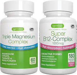 Complejo de Magnesio Triple + Super B12-Complex Energy Bundle, Alta Absorción Glycinate Chelated, Taurate & Citrate Magnesium + Alta Absorción Sublingual B12, Vegan, por Igennus