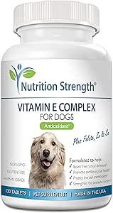 Vitamina E para perros, Promover la Salud Cardiovascular, Membranas de Soporte, Complejo de Vitamina E para Boost Dog Immune System Plus Zinc, Selenium, Folate, Aceite de Salmón, 120 Tabletas Chewable