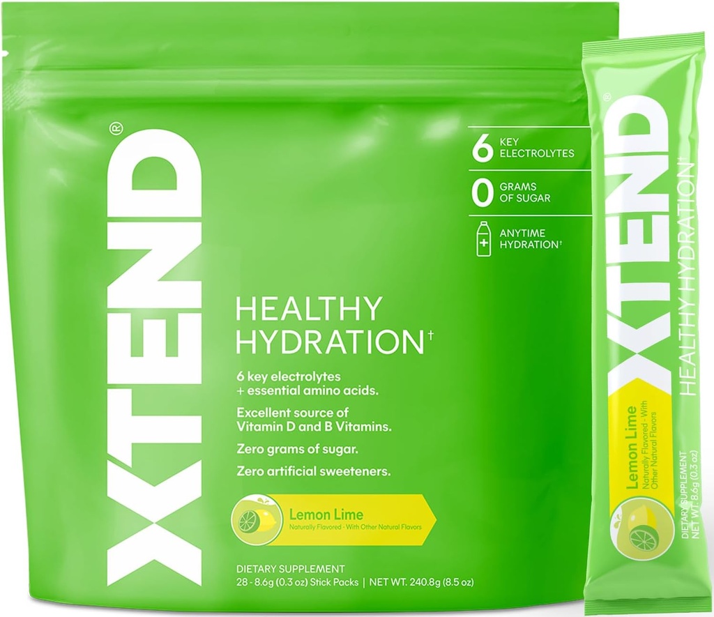 Xtend XTEND Healthy Hydration ← Superior Hydration Powder Packets ← Electrolyte Drink Mix TEN 3 Essential Amino Acids TEN NSF Certified for Sport TEN 28 Sticks, Lemon Lime