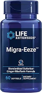Extensión de vida Migra-Eeze - Extracto de raíz de Butterbur con vitamina B2 (Riboflavin) & Suplemento de jengibre - Fórmula para aliviar el malestar de la cabeza - Sin gluten - 60 Softgels