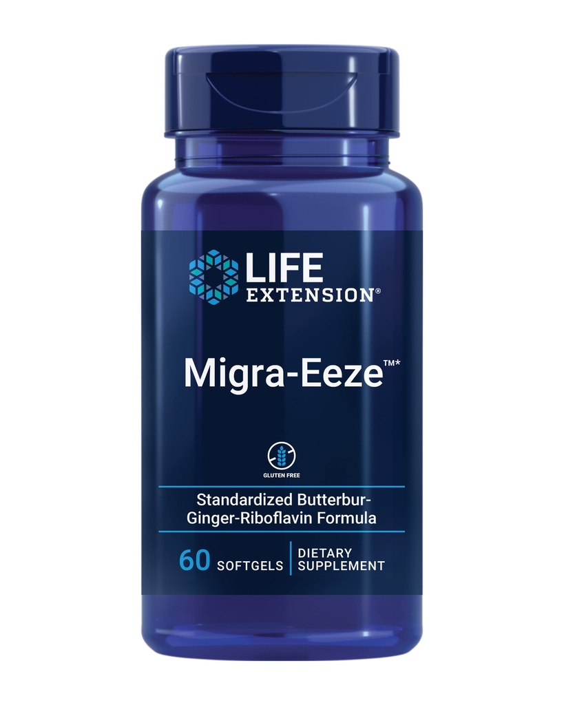 Extensión de vida Migra-Eeze - Extracto de raíz de Butterbur con vitamina B2 (Riboflavin) & Suplemento de jengibre - Fórmula para aliviar el malestar de la cabeza - Sin gluten - 60 Softgels