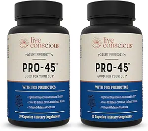 Live Conscious PRO45: Fórmula Probiótica, 45 Billion CFU, 11 cepas integrales. Dairy Free. Delayed Release Veggie caps. Promueve la Salud Inmune y Digestiva. 60 cápsulas (2-Pack)