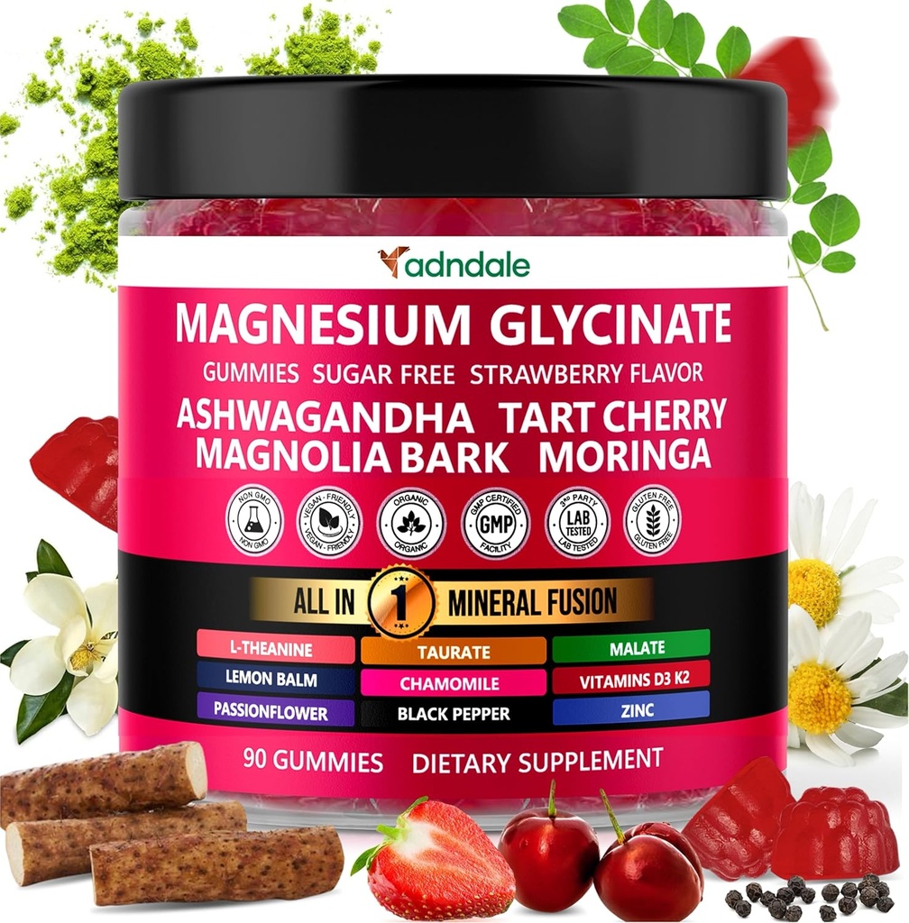 Adndale 90ct 15-in-1 Magnesium Glycinate Gummies 400 mg/serv- con Magnesium Malate, Ashwagandha, Tart Cherry, Magnolia Bark, Lemon Balm, Passionflower, Chamomile, L-Theanine, Zinc, Vitamin K2 &amp; D3
